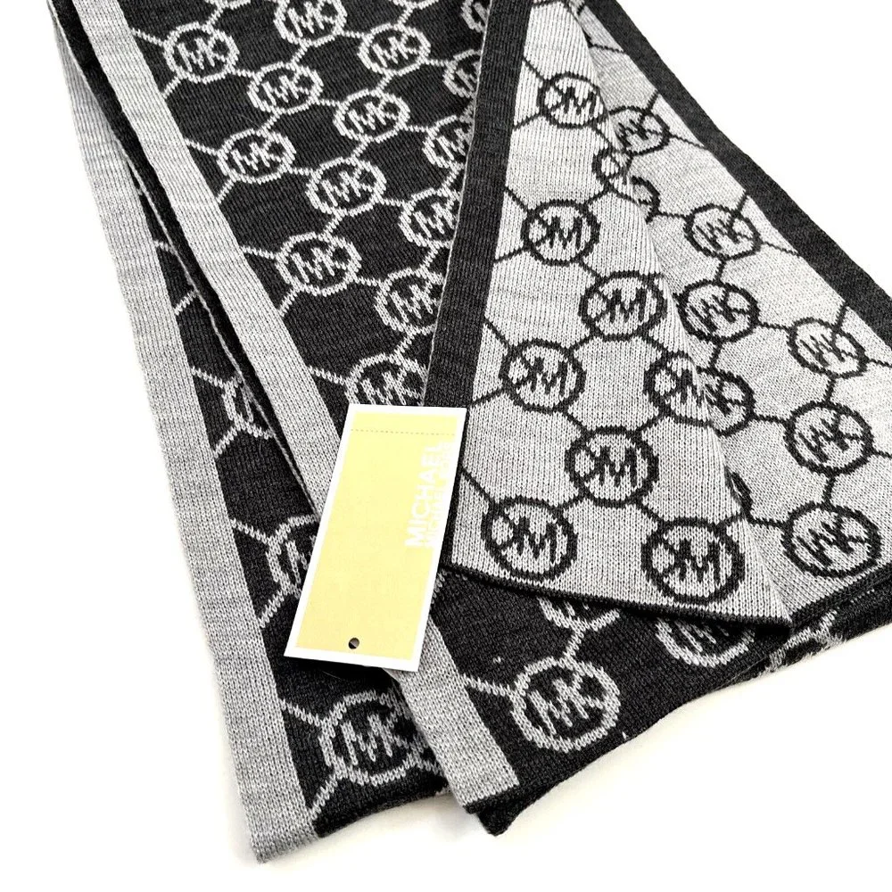 Michael Kors MK Logo Knit Scarf Gray Black Reversible Unisex NWT 9.5